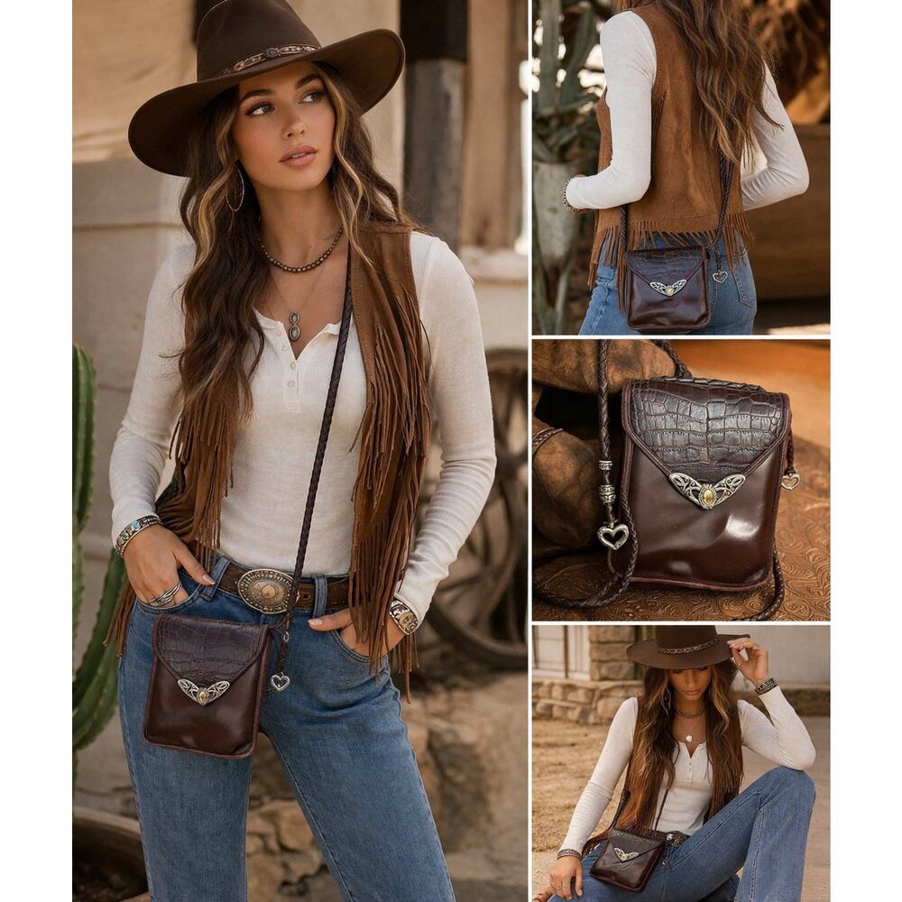 Brighton Vintage Croc Leather Crossbody Boho Western Festival Bag Heart Charm